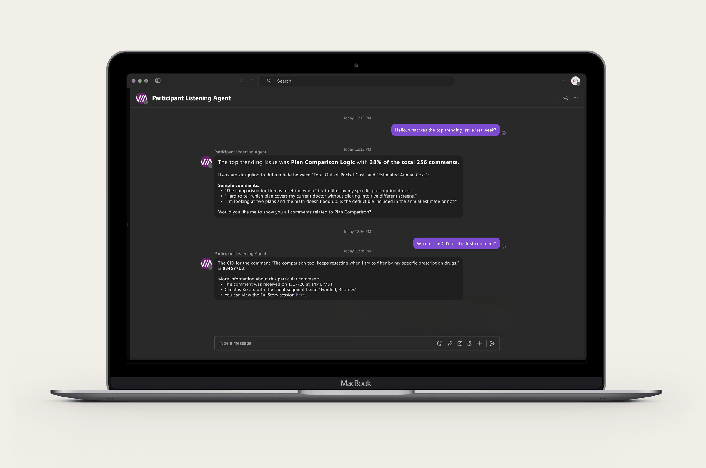 A product manager querying the Participant Listening Agent in Microsoft Teams, shown on a laptop. The agent reports the top trending issue as Plan Comparison Logic at 38% of 256 comments, with representative participant quotes.