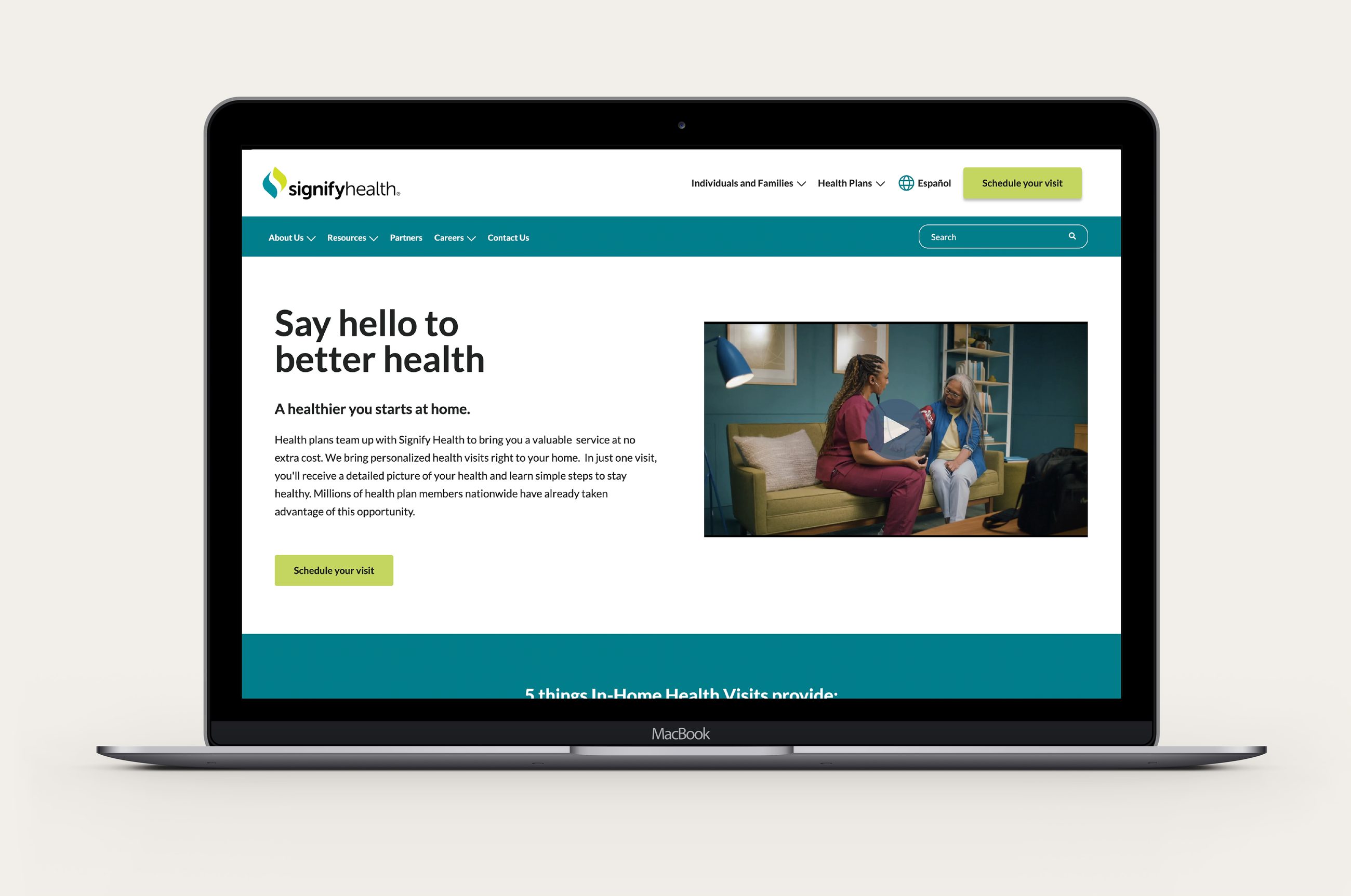 The redesigned Signify Health homepage, leading with the visit's value and a testimonial video before asking members to schedule