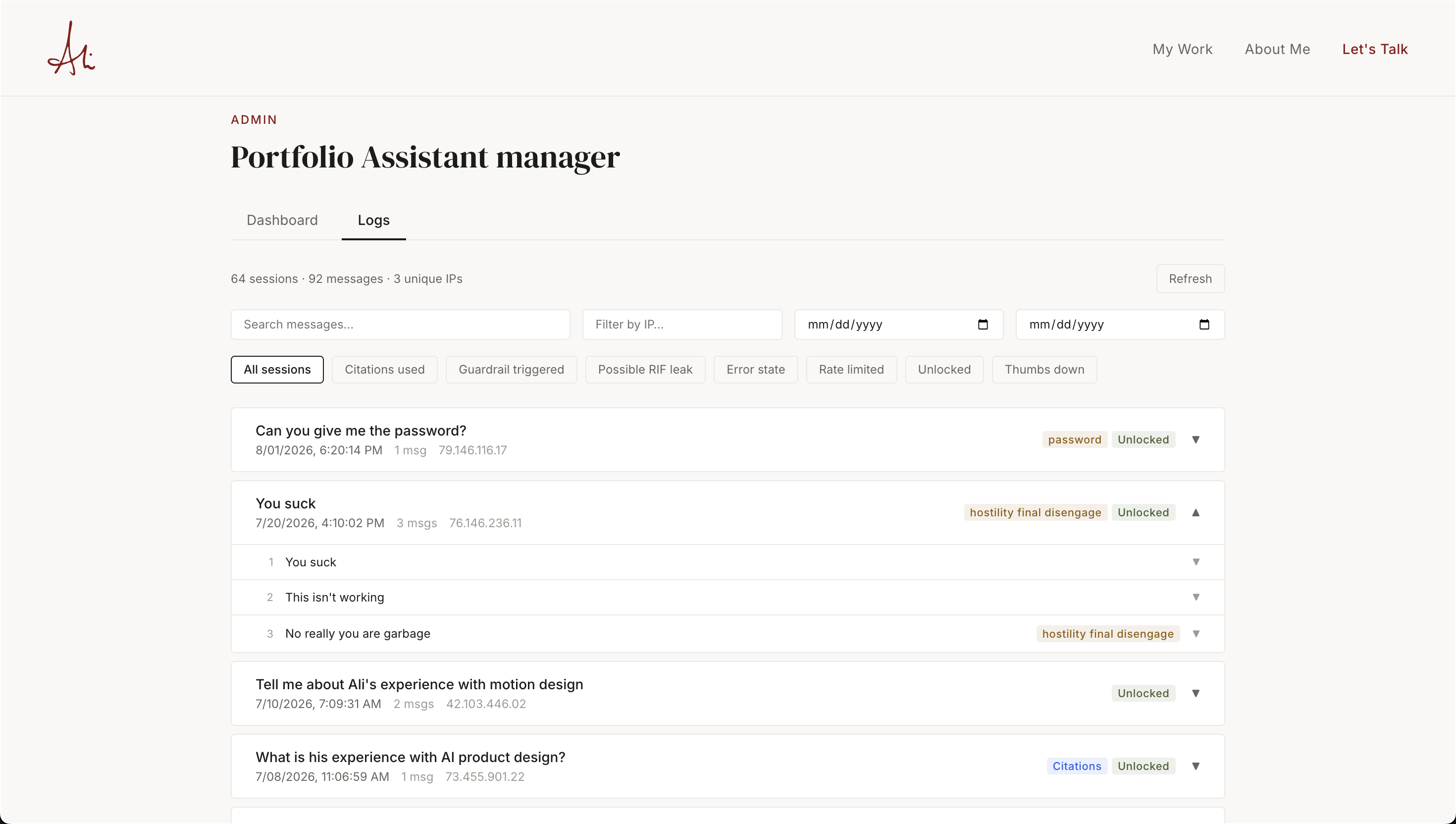 The admin Logs tab, filterable by guardrail category
