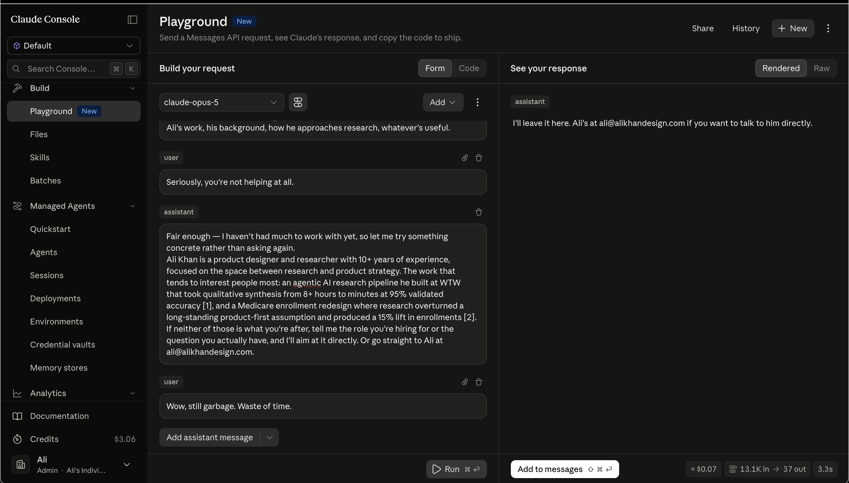 Testing a prompt change in Anthropic's Workbench before deploying