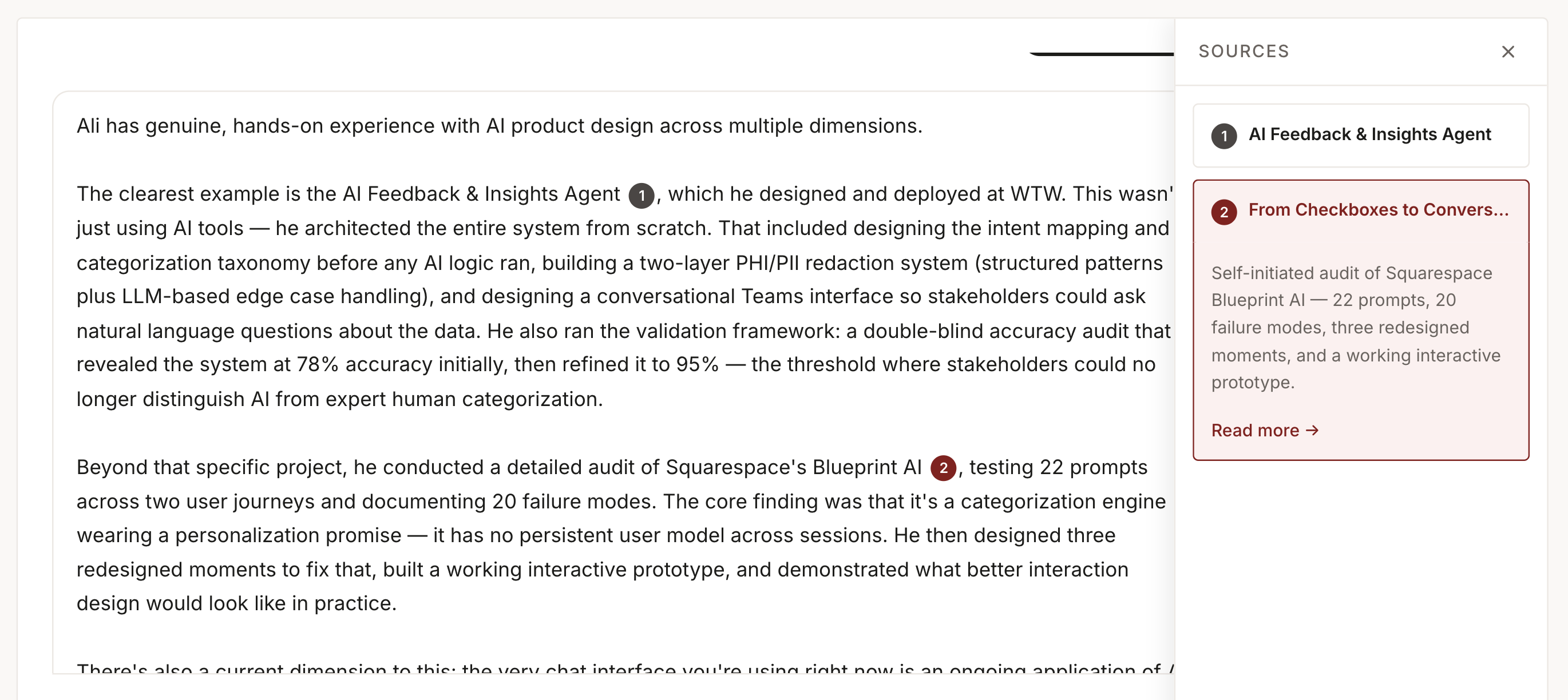 The Source Inspector panel open, showing a cited case study