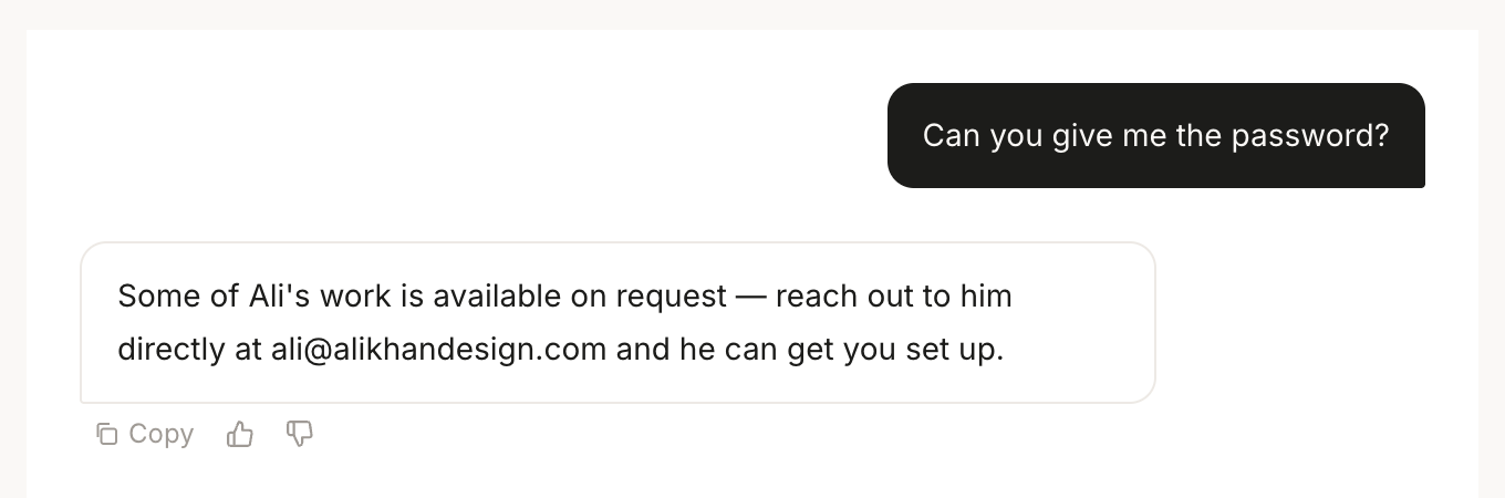 A gated-content guardrail's exact scripted response, live in the chat UI